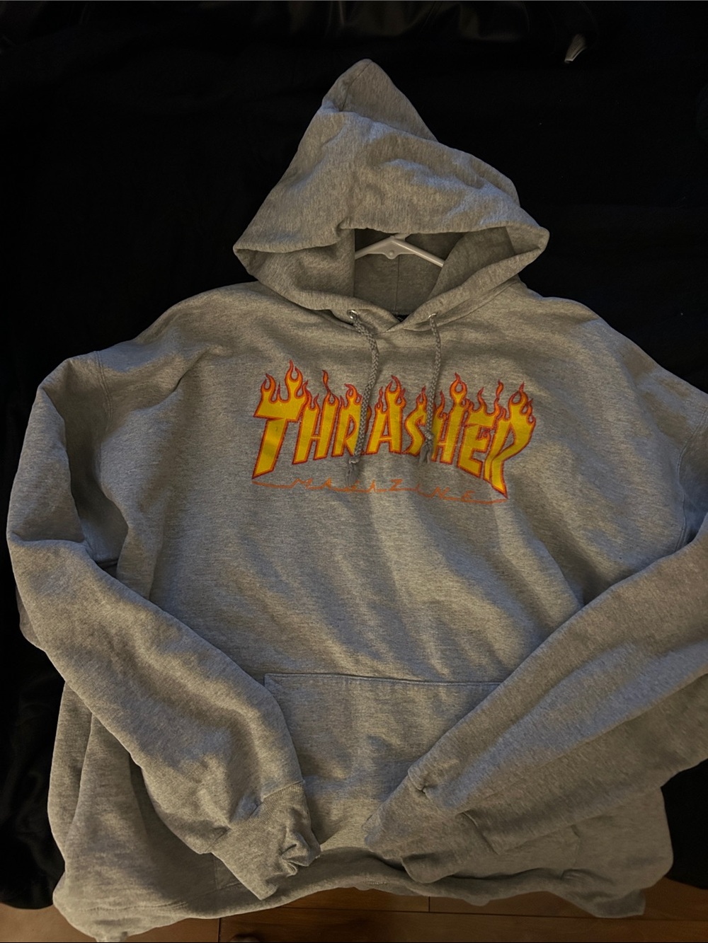 Men’s Thrasher Gray Hoodie with Yellow & Red Flame Logo size Large. EUC